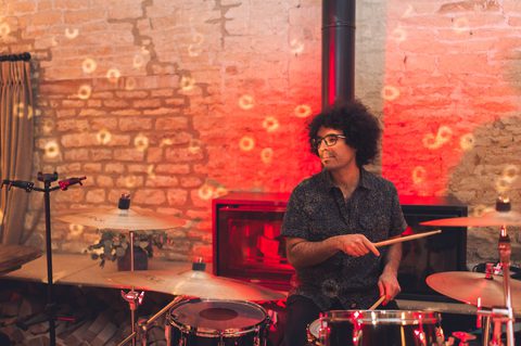 Action shot of Hitmen drummer at Old Gore Barn - Gecko Live Entertainment